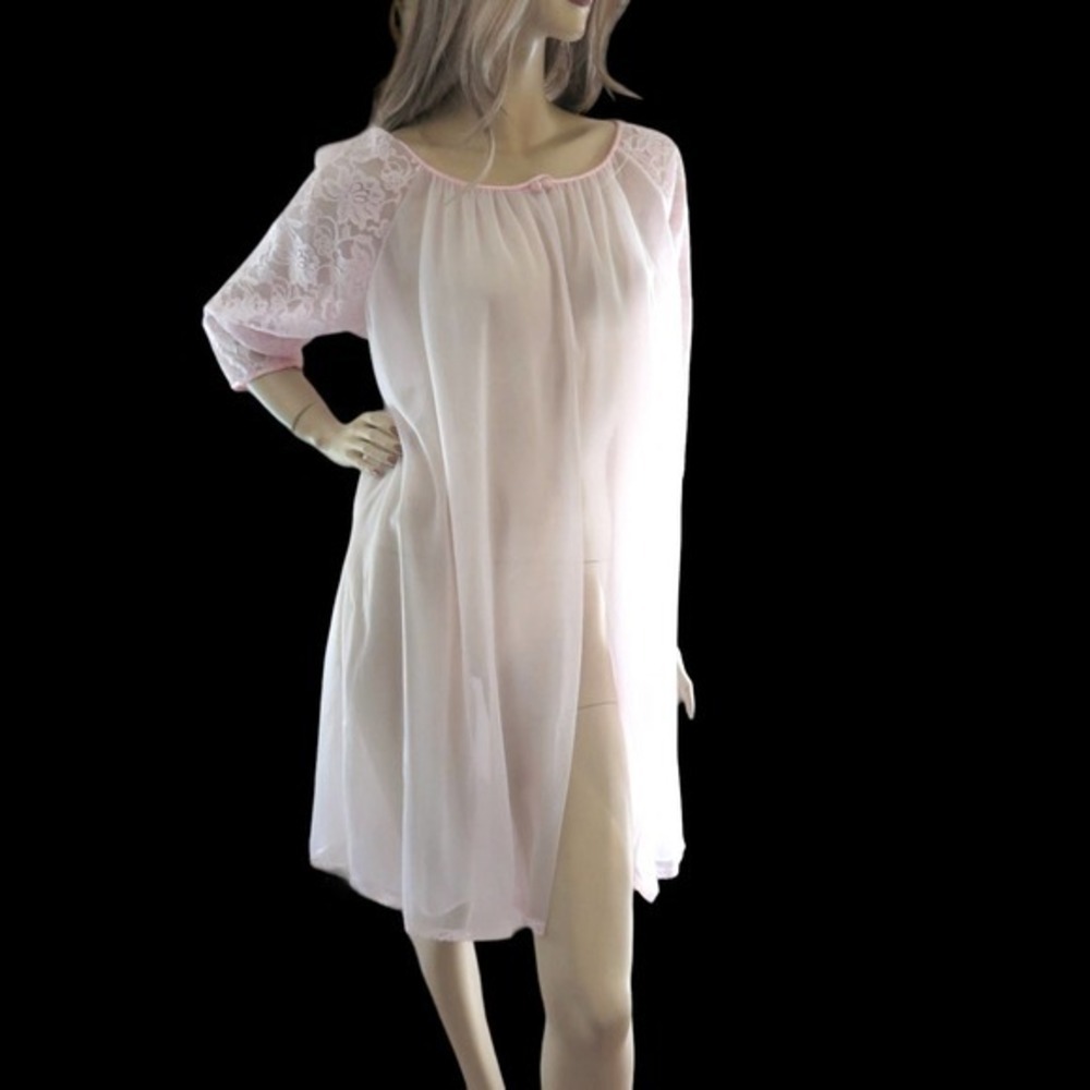60s Pink Chiffon Peignoir M NWT Angelic Coquette Dollette Retro Glam Duster Gaze - Picture 3 of 8